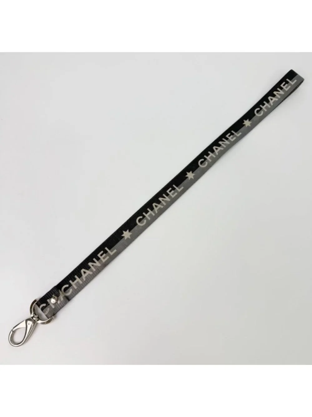 Chanel Logo Star Neck Strap Nylon Metal Black Gray White Silver Vintage